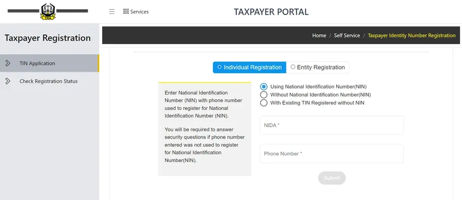 TIN registration on tax portal 2026